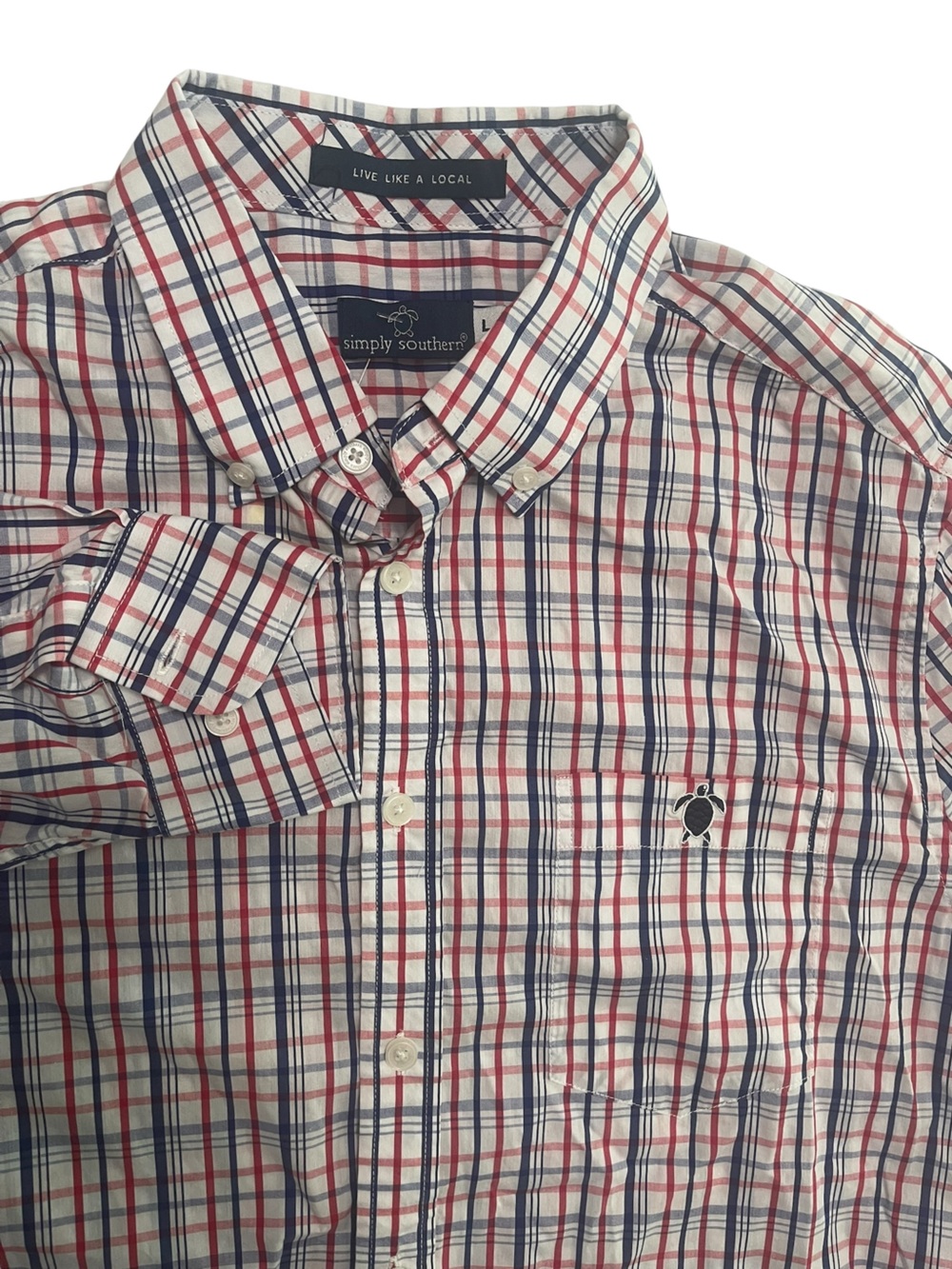 Simply Southern Red, Navy & White Plaid Button-Down Shirt Large